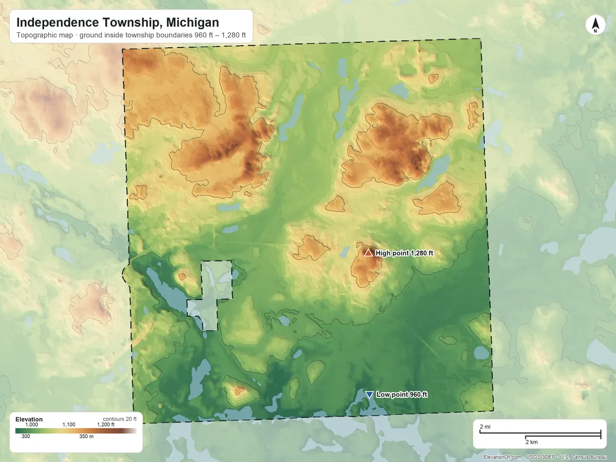 Topographic elevation map of Independence Township, Michigan, shaded from 960 ft on the southeast side to 1,280 ft on Pine Knob