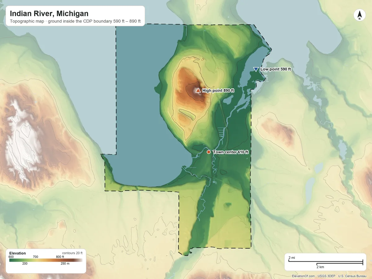 Topographic elevation map of Indian River, Michigan, shaded from 590 ft on the northeast side to 890 ft on Griswold Mountain