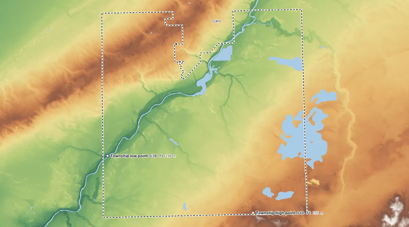 Topographic elevation map of Indianfields Township, Michigan, shaded from 630 ft on the southwest side to 840 ft on the south side