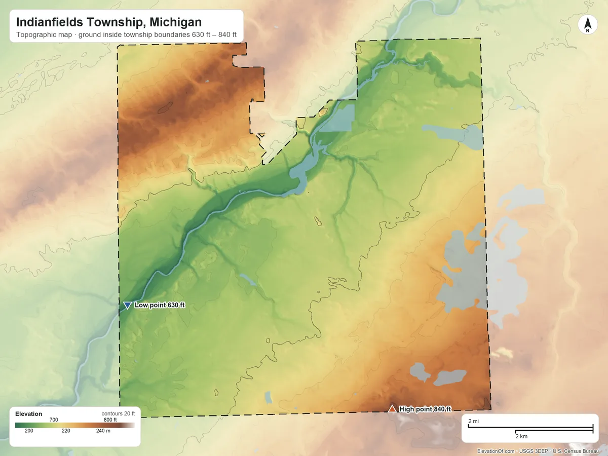 Topographic elevation map of Indianfields Township, Michigan, shaded from 630 ft on the southwest side to 840 ft on the south side
