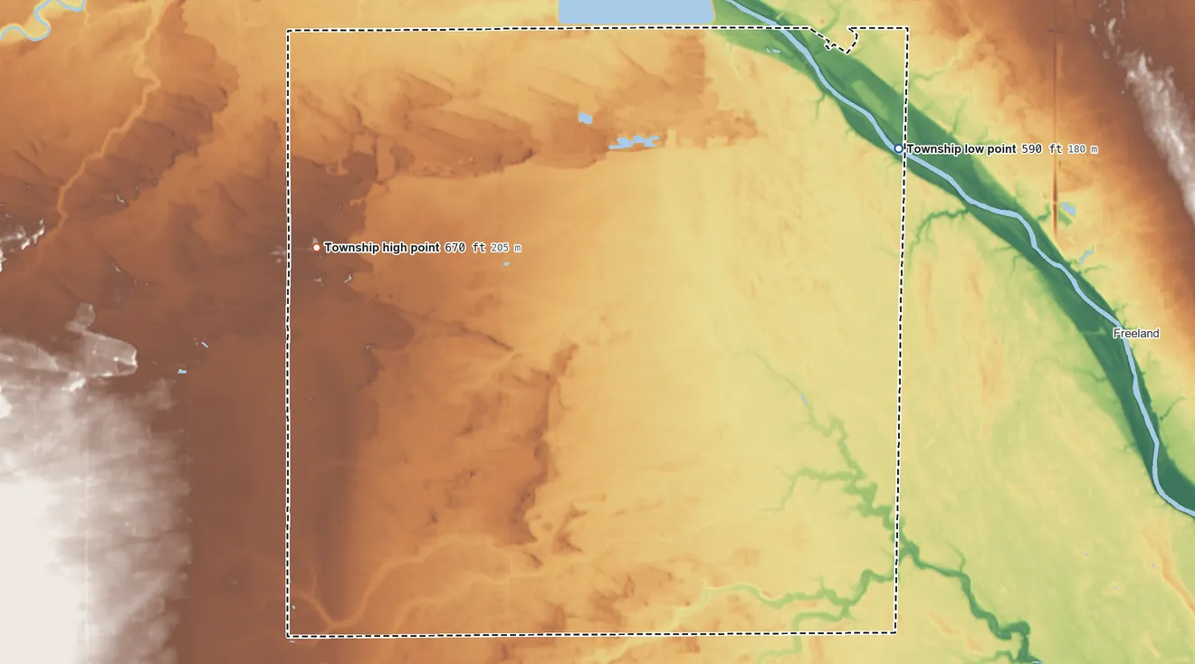 Topographic elevation map of Ingersoll Township, Michigan, shaded from 590 ft on the northeast side to 670 ft on the west side