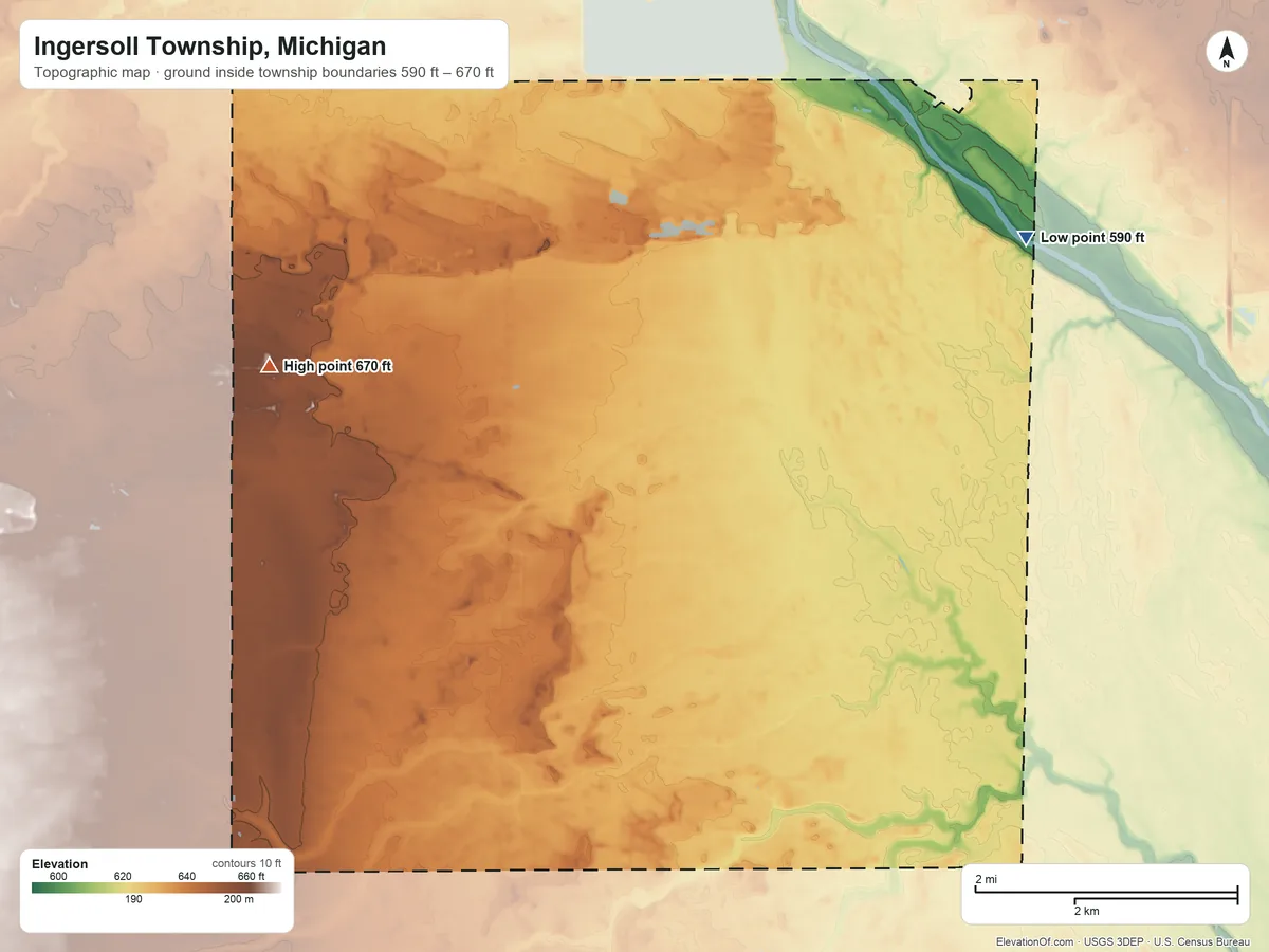 Topographic elevation map of Ingersoll Township, Michigan, shaded from 590 ft on the northeast side to 670 ft on the west side
