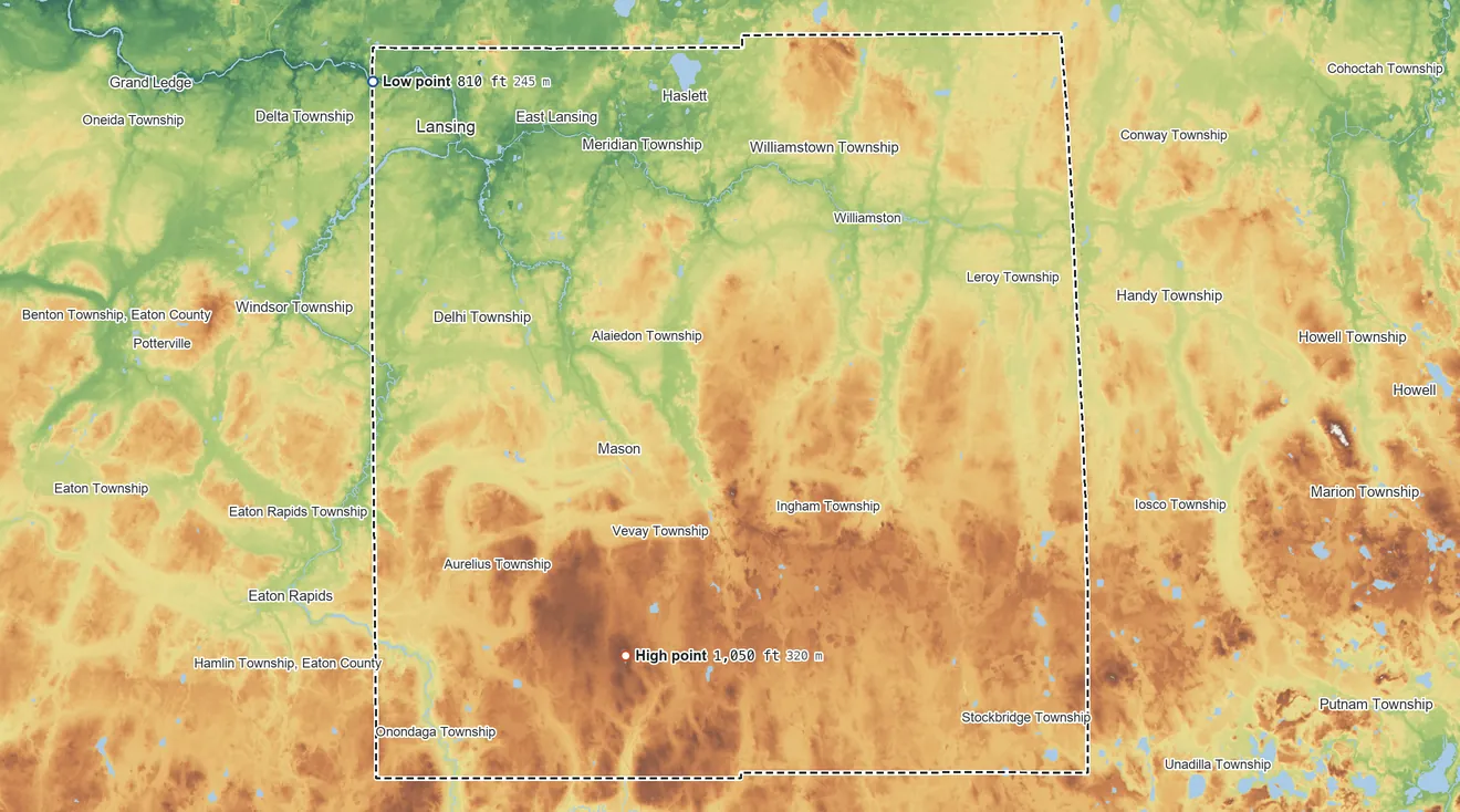 Topographic elevation map of Ingham County, Michigan, shaded from 810 ft on the northwest side to 1,050 ft on Teaspoon Hill