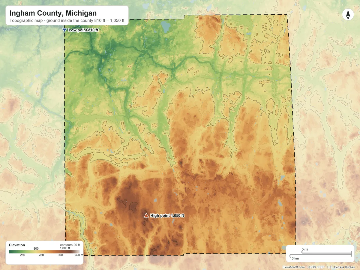 Topographic elevation map of Ingham County, Michigan, shaded from 810 ft on the northwest side to 1,050 ft on Teaspoon Hill