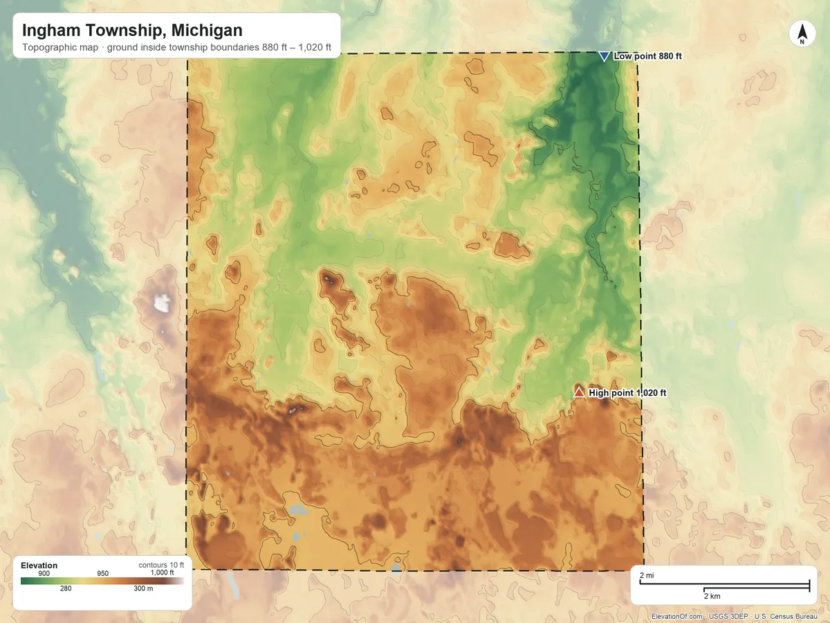 Topographic elevation map of Ingham Township, Michigan, shaded from 880 ft on the northeast side to 1,020 ft on the east side