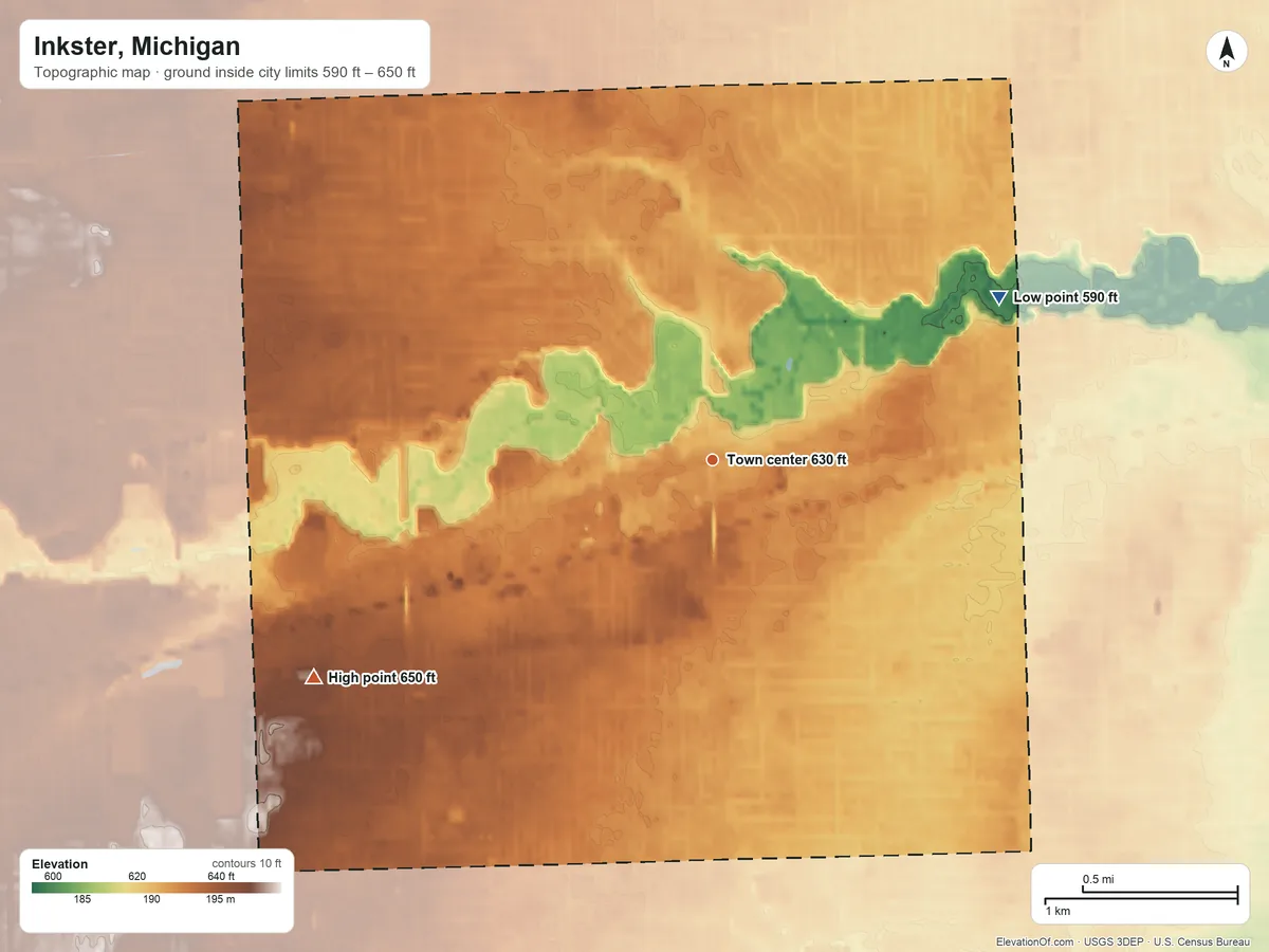 Topographic elevation map of Inkster, Michigan, shaded from 590 ft on the northeast side to 650 ft on the southwest side