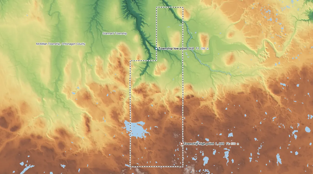 Topographic elevation map of Interior Township, Michigan, shaded from 960 ft on the north side to 1,800 ft on the south side