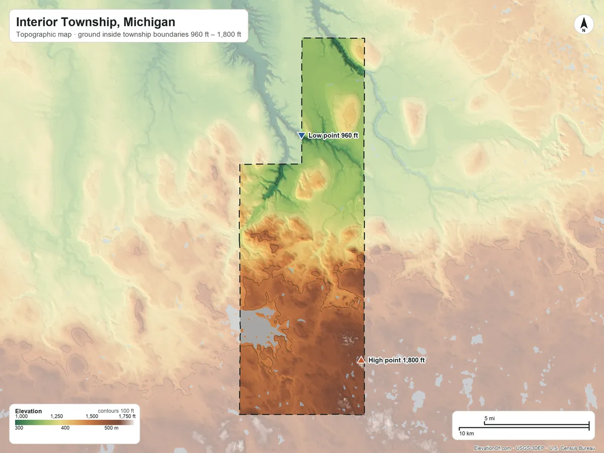 Topographic elevation map of Interior Township, Michigan, shaded from 960 ft on the north side to 1,800 ft on the south side