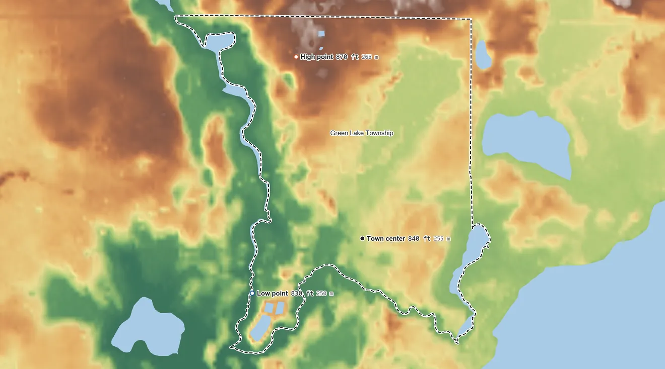 Topographic elevation map of Interlochen, Michigan, shaded from 830 ft on the southwest side to 870 ft on the north side