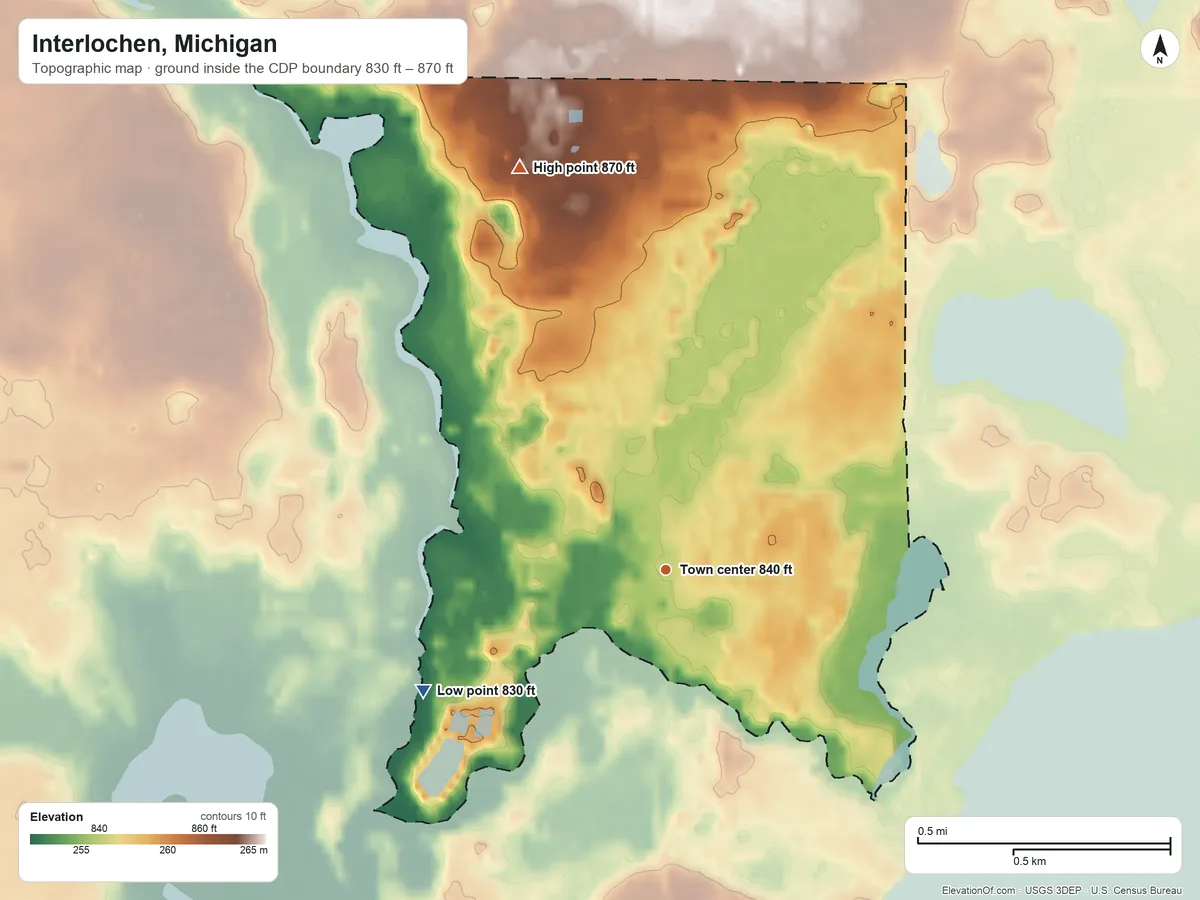 Topographic elevation map of Interlochen, Michigan, shaded from 830 ft on the southwest side to 870 ft on the north side