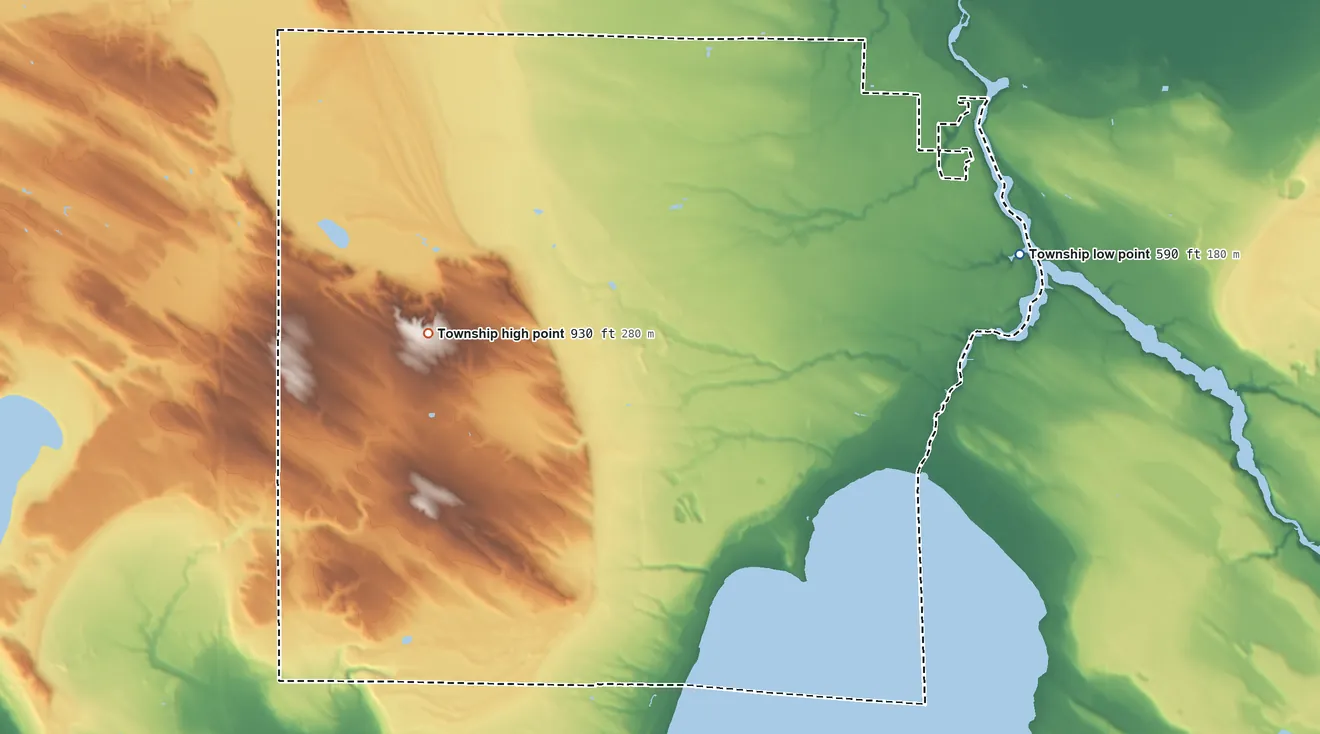 Topographic elevation map of Inverness Township, Michigan, shaded from 590 ft on the east side to 930 ft on the west side