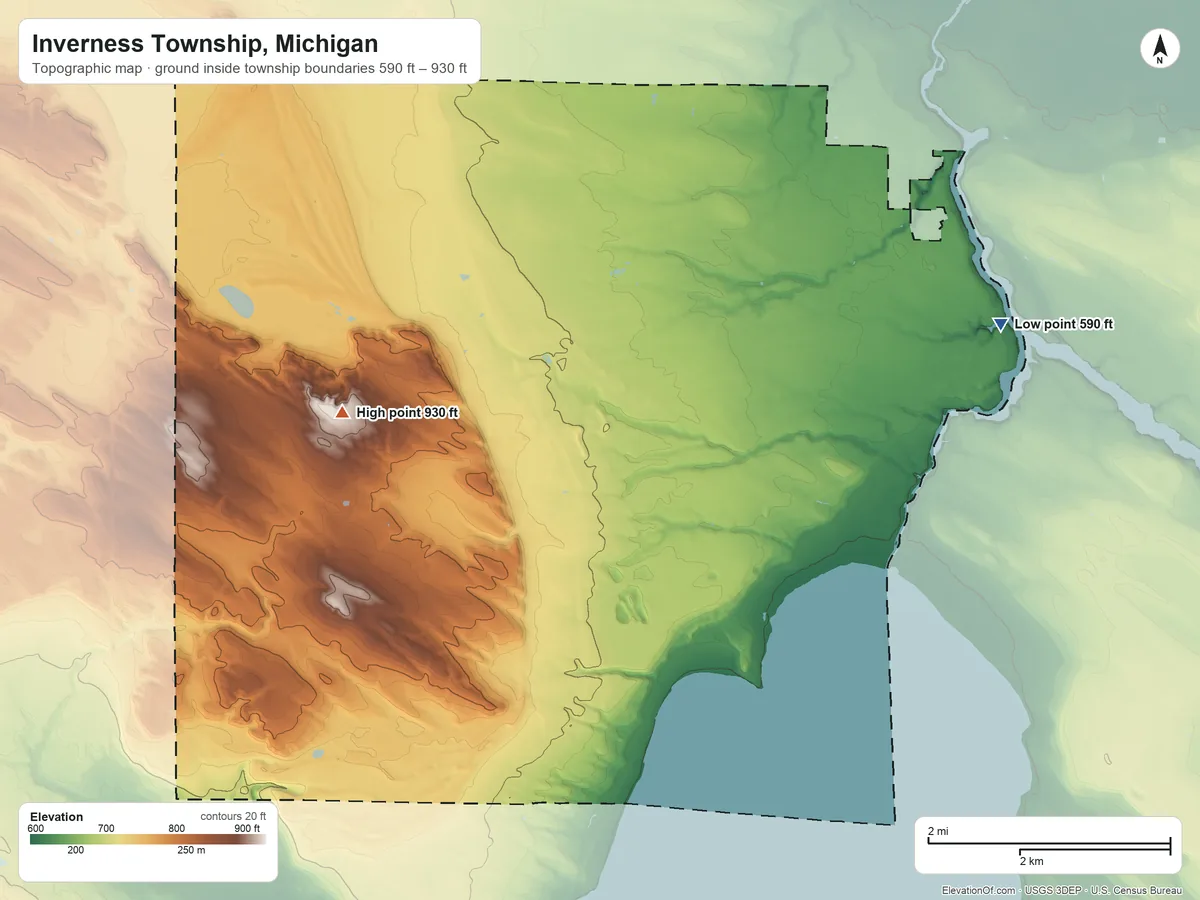 Topographic elevation map of Inverness Township, Michigan, shaded from 590 ft on the east side to 930 ft on the west side