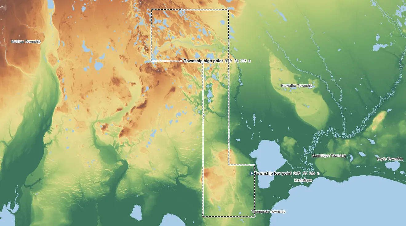 Topographic elevation map of Inwood Township, Michigan, shaded from 640 ft on the southeast side to 970 ft on the north side