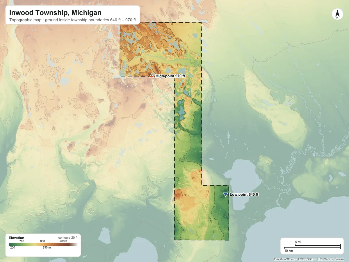 Topographic elevation map of Inwood Township, Michigan, shaded from 640 ft on the southeast side to 970 ft on the north side