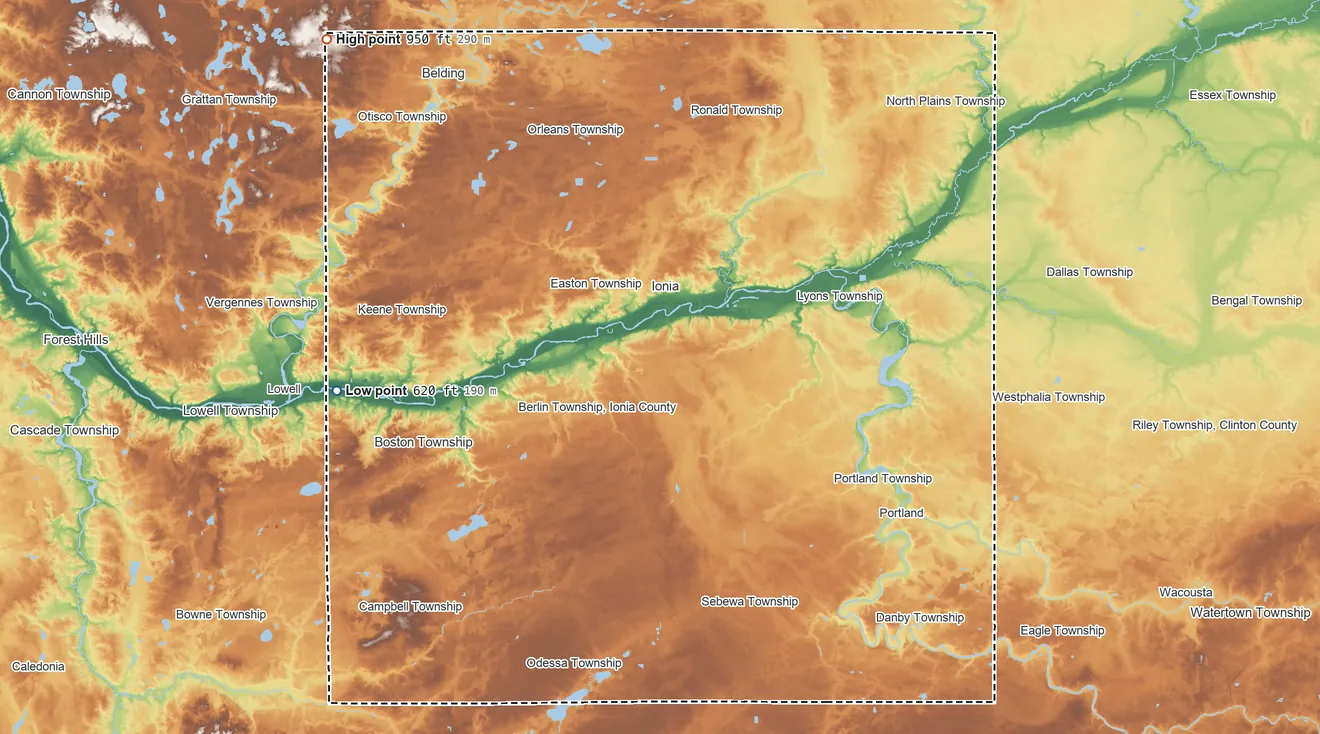 Topographic elevation map of Ionia County, Michigan, shaded from 620 ft on the west side to 950 ft on the northwest side