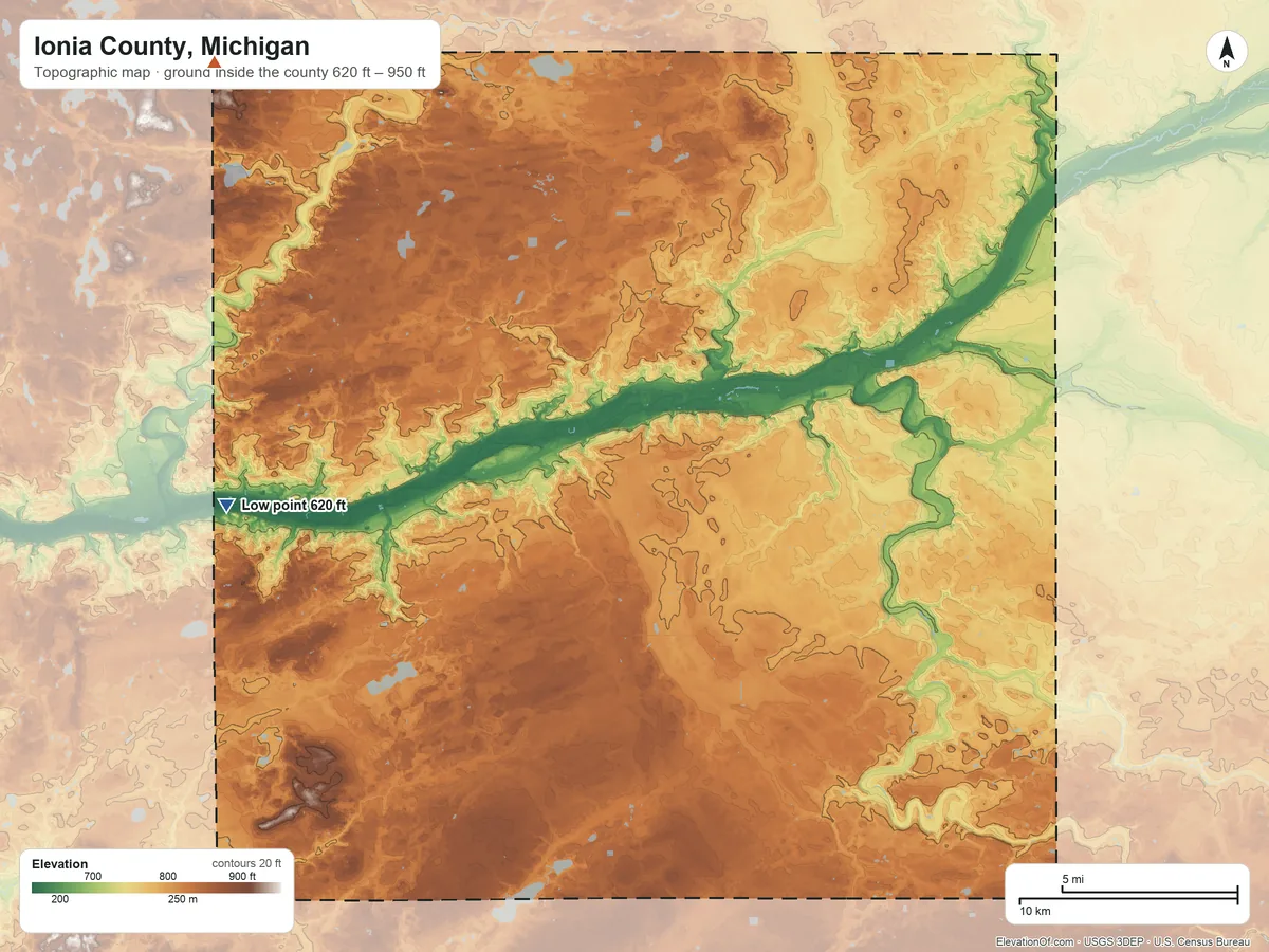 Topographic elevation map of Ionia County, Michigan, shaded from 620 ft on the west side to 950 ft on the northwest side