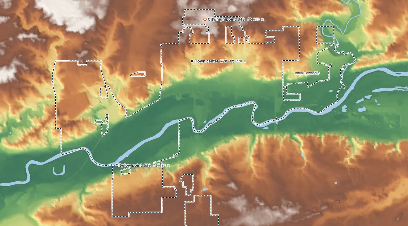 Topographic elevation map of Ionia, Michigan, shaded from 620 ft on the southwest side to 840 ft on the north side