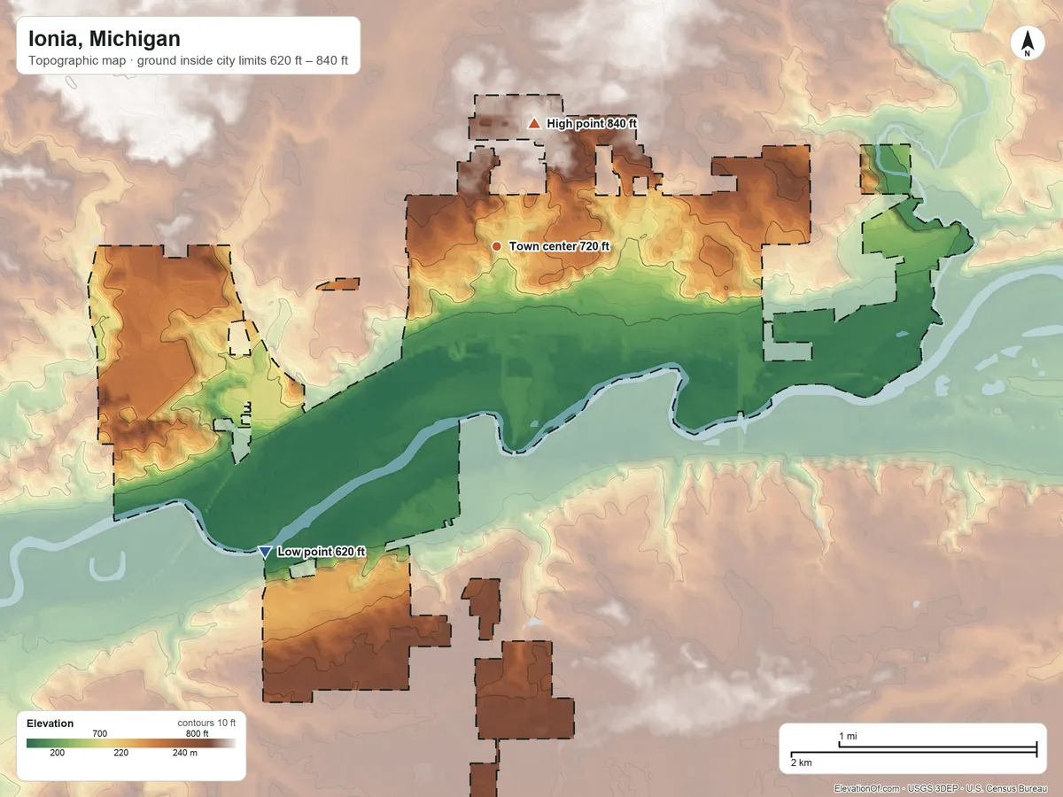 Topographic elevation map of Ionia, Michigan, shaded from 620 ft on the southwest side to 840 ft on the north side