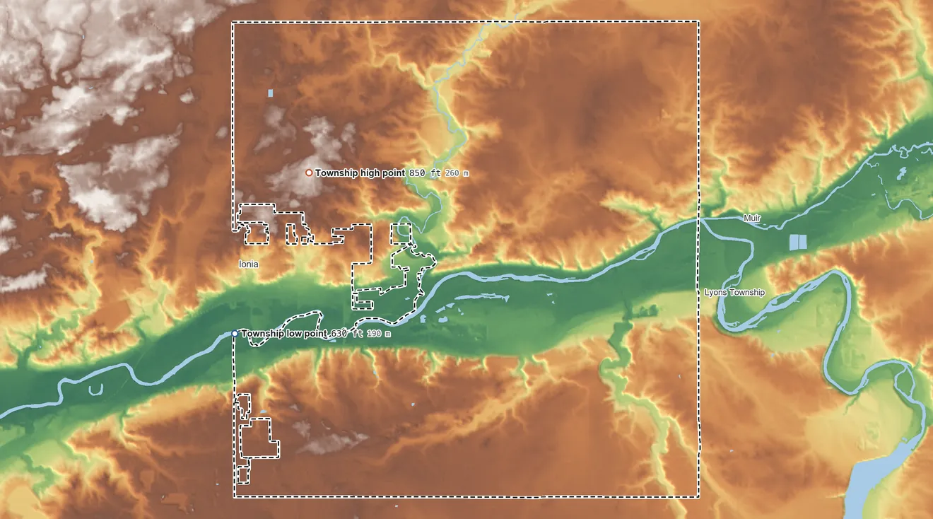 Topographic elevation map of Ionia Township, Michigan, shaded from 630 ft on the west side to 850 ft on the northwest side