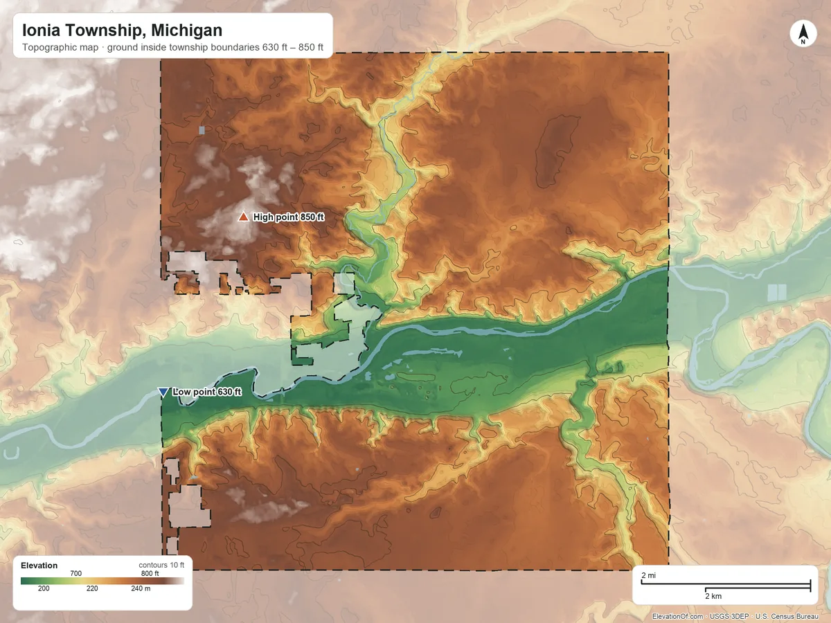 Topographic elevation map of Ionia Township, Michigan, shaded from 630 ft on the west side to 850 ft on the northwest side