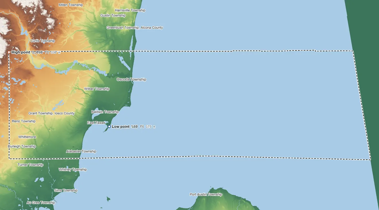 Topographic elevation map of Iosco County, Michigan, shaded from 580 ft on the west side to 1,090 ft on the west side