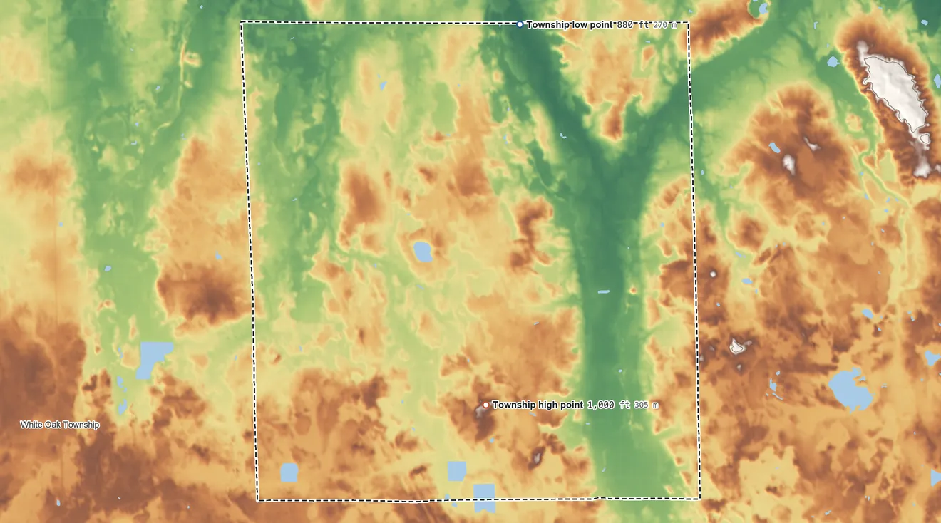 Topographic elevation map of Iosco Township, Michigan, shaded from 880 ft on the north side to 1,000 ft on the south side