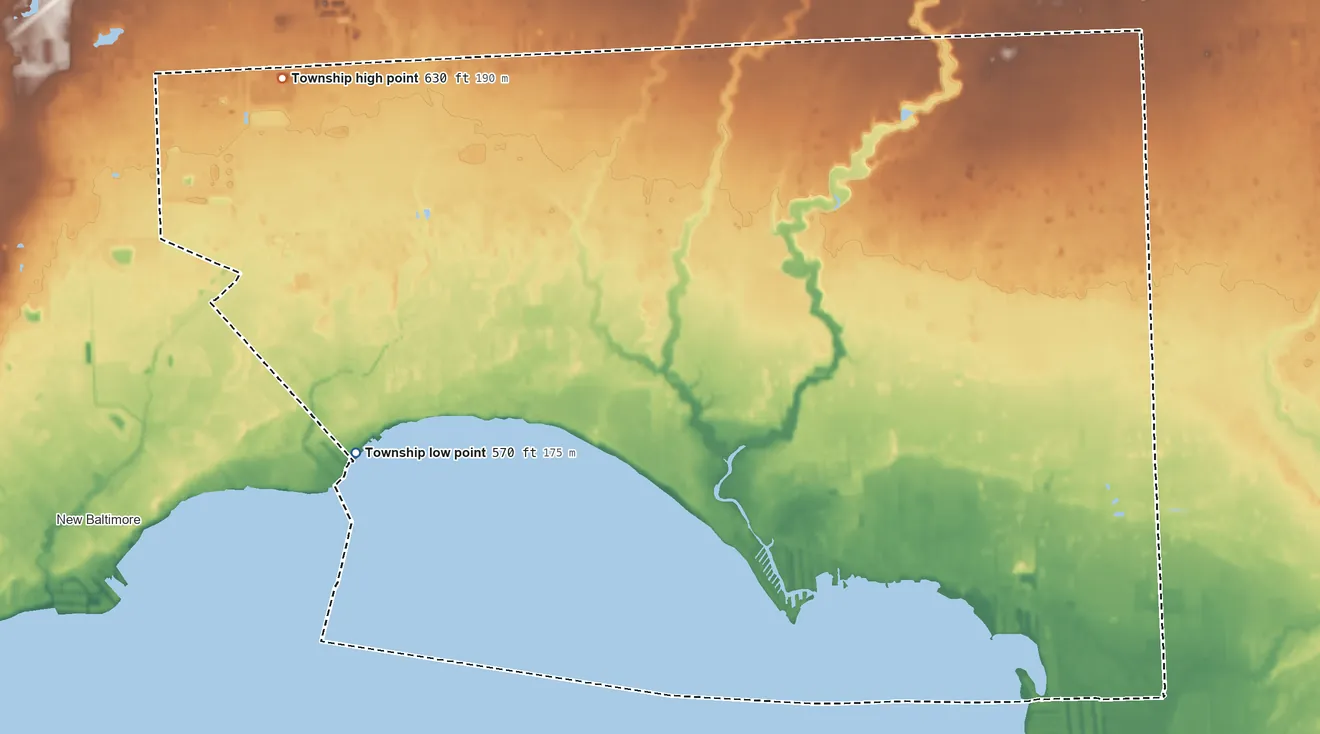 Topographic elevation map of Ira Township, Michigan, shaded from 570 ft on the west side to 630 ft on the northwest side