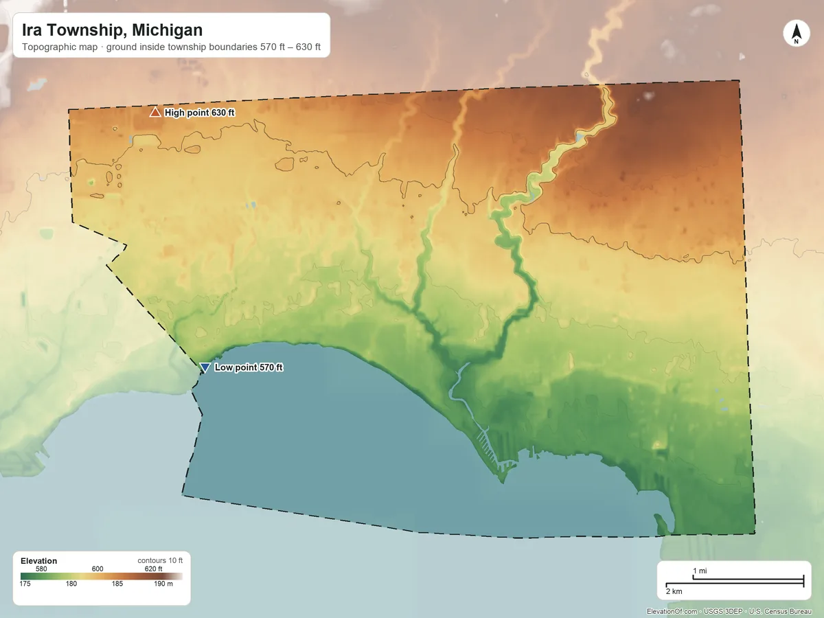 Topographic elevation map of Ira Township, Michigan, shaded from 570 ft on the west side to 630 ft on the northwest side