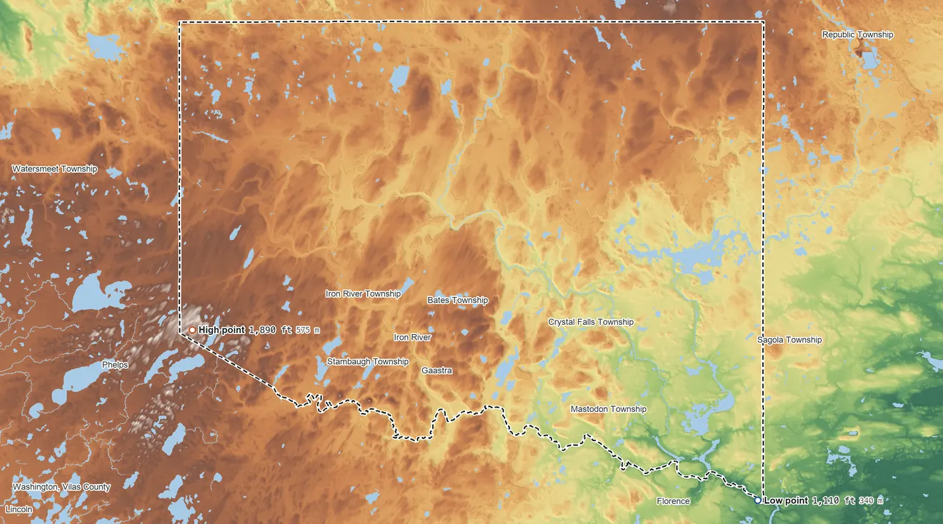 Topographic elevation map of Iron County, Michigan, shaded from 1,110 ft on the southeast side to 1,890 ft on the west side