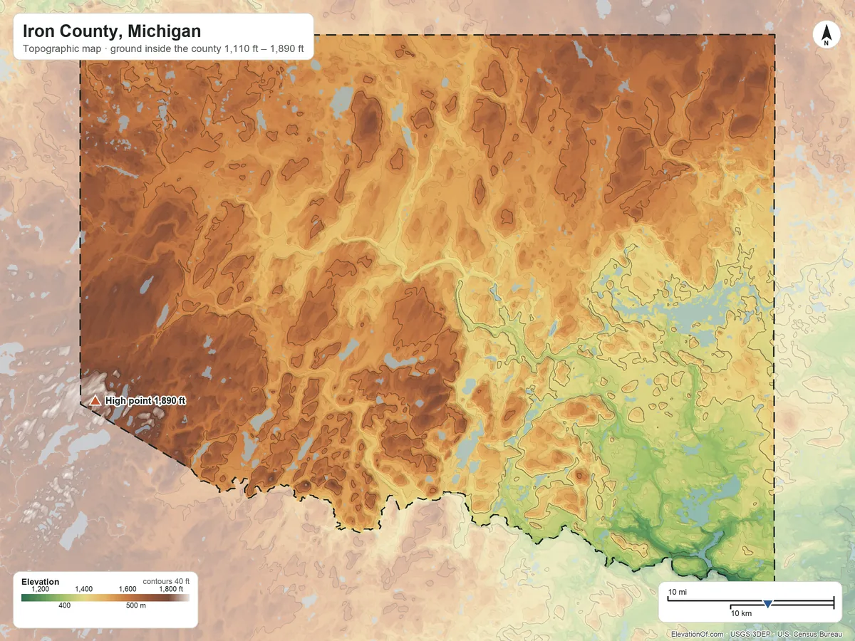 Topographic elevation map of Iron County, Michigan, shaded from 1,110 ft on the southeast side to 1,890 ft on the west side