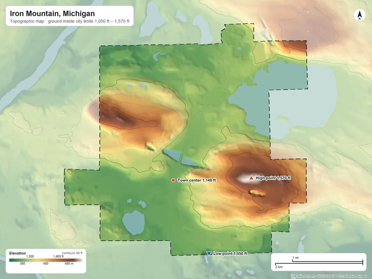Topographic elevation map of Iron Mountain, Michigan, shaded from 1,050 ft on the southeast side to 1,570 ft on Millie Hill