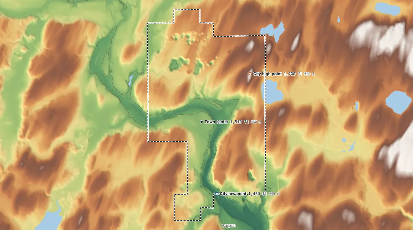 Topographic elevation map of Iron River, Michigan, shaded from 1,460 ft on the south side to 1,700 ft on the northeast side