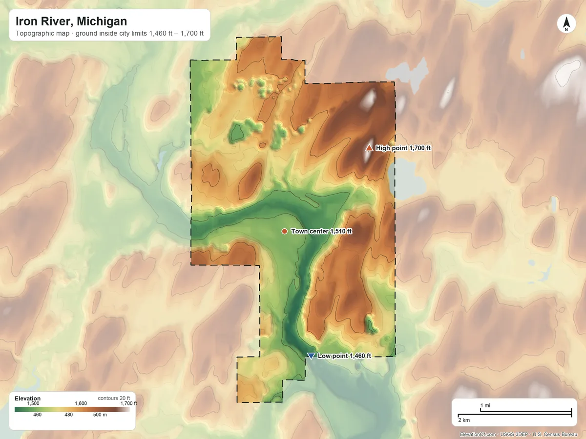Topographic elevation map of Iron River, Michigan, shaded from 1,460 ft on the south side to 1,700 ft on the northeast side