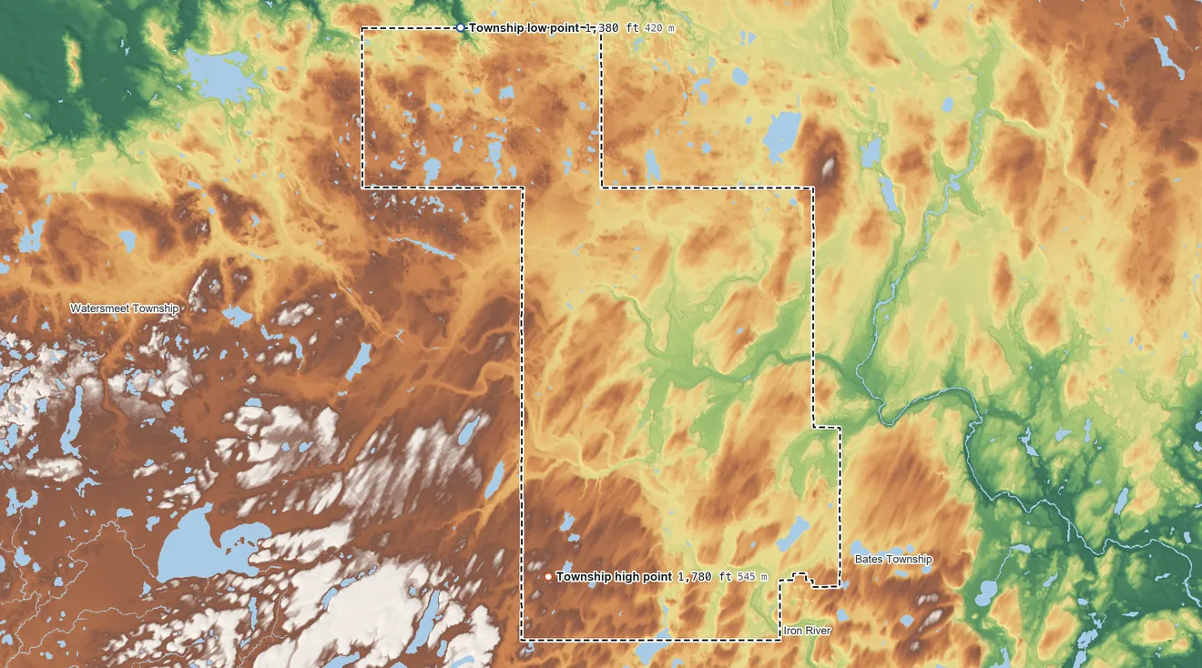 Topographic elevation map of Iron River Township, Michigan, shaded from 1,380 ft on the northwest side to 1,780 ft on the west side