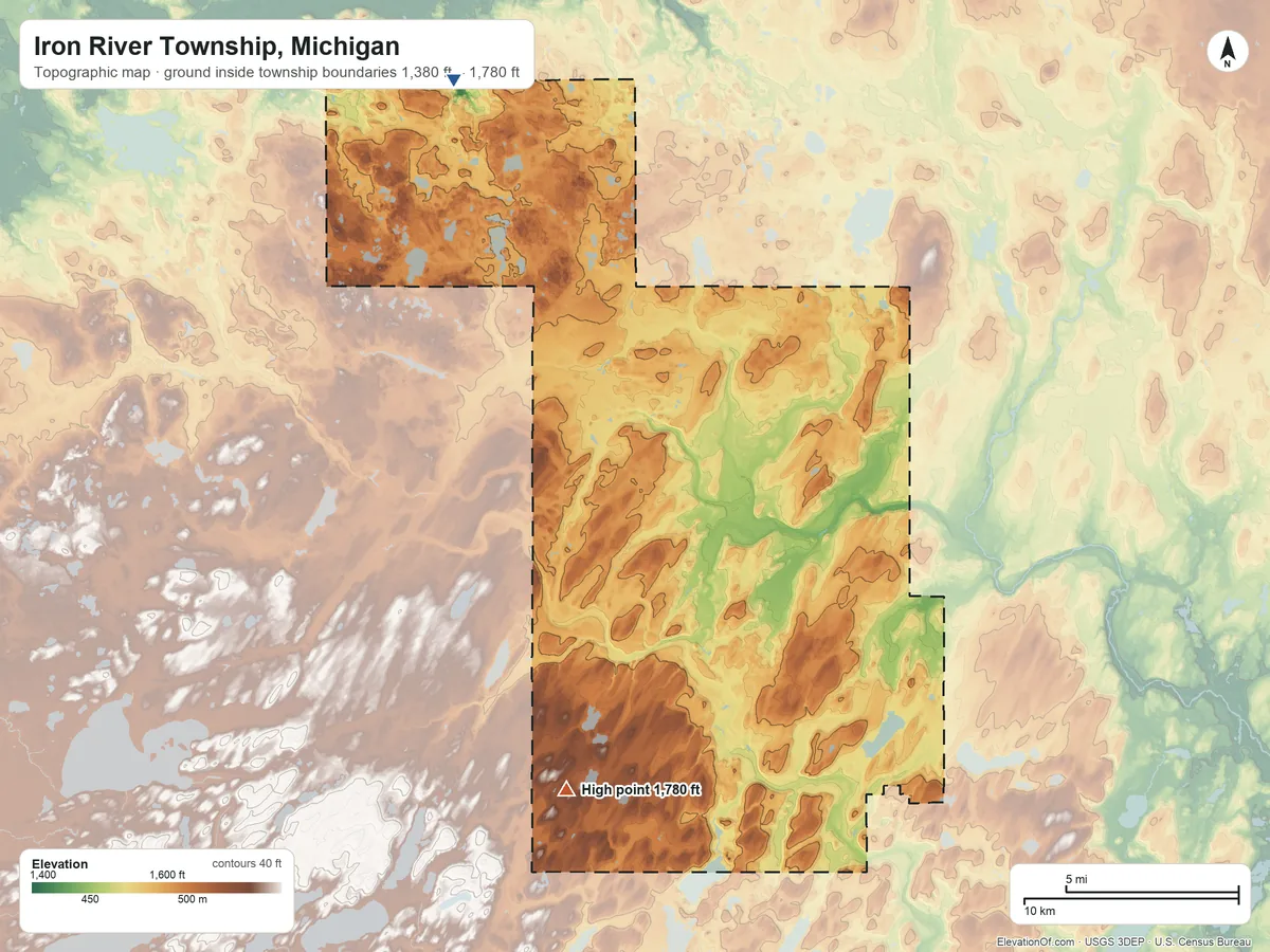 Topographic elevation map of Iron River Township, Michigan, shaded from 1,380 ft on the northwest side to 1,780 ft on the west side