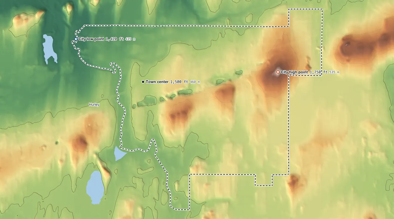 Topographic elevation map of Ironwood, Michigan, shaded from 1,420 ft on the northwest side to 1,750 ft on the east side
