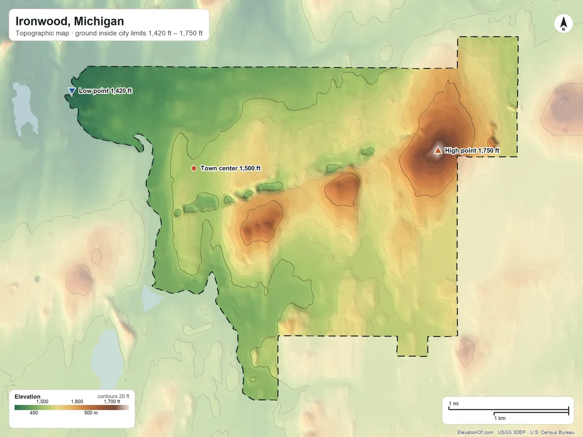 Topographic elevation map of Ironwood, Michigan, shaded from 1,420 ft on the northwest side to 1,750 ft on the east side