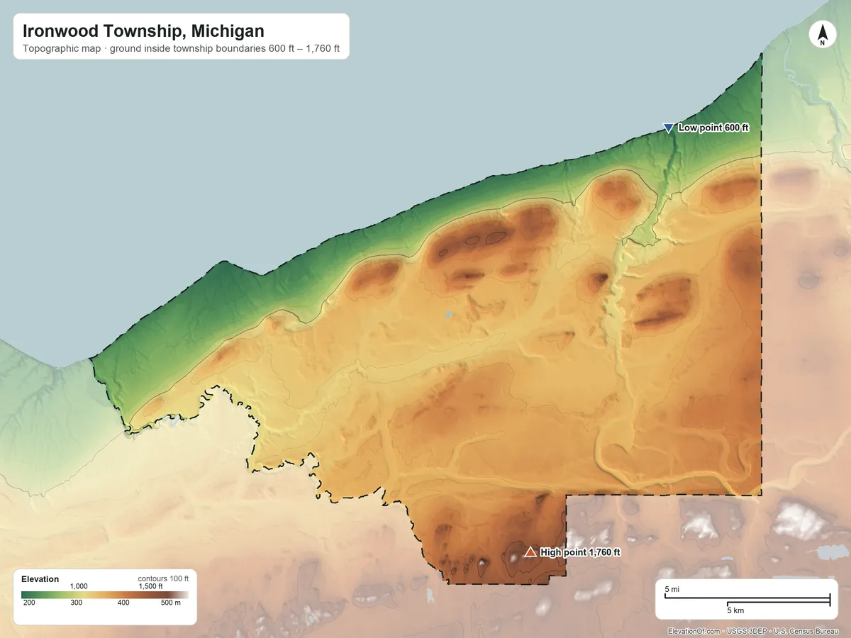 Topographic elevation map of Ironwood Township, Michigan, shaded from 600 ft on the northeast side to 1,760 ft near the middle