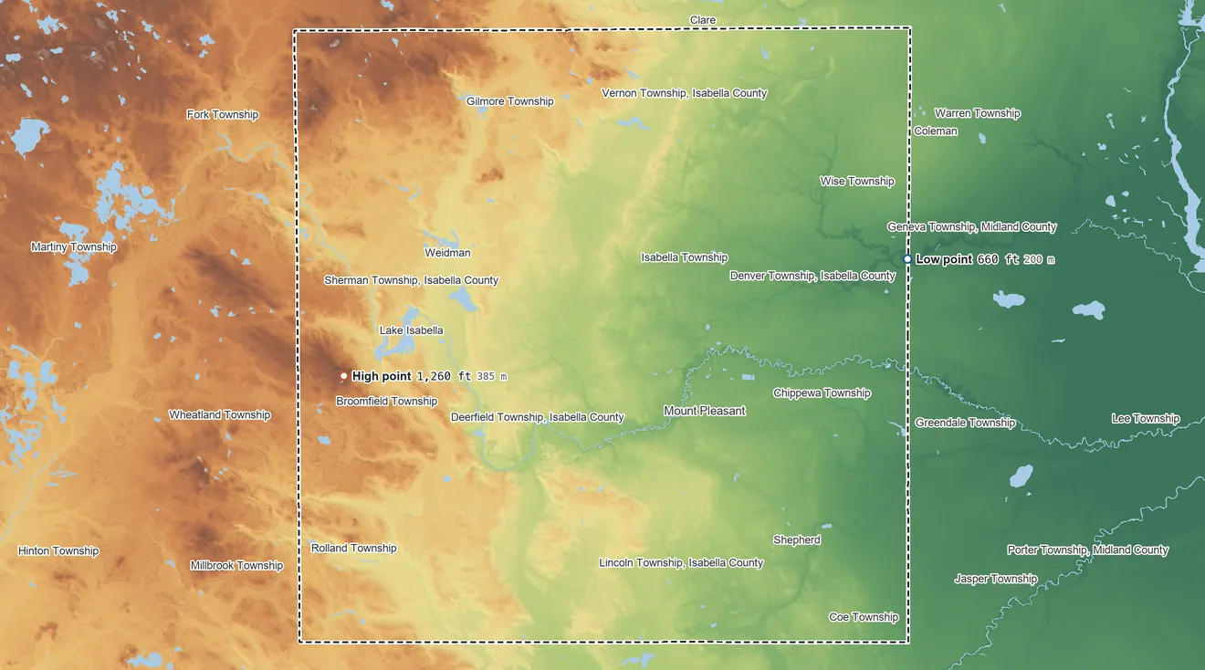 Topographic elevation map of Isabella County, Michigan, shaded from 660 ft on the east side to 1,260 ft on the west side