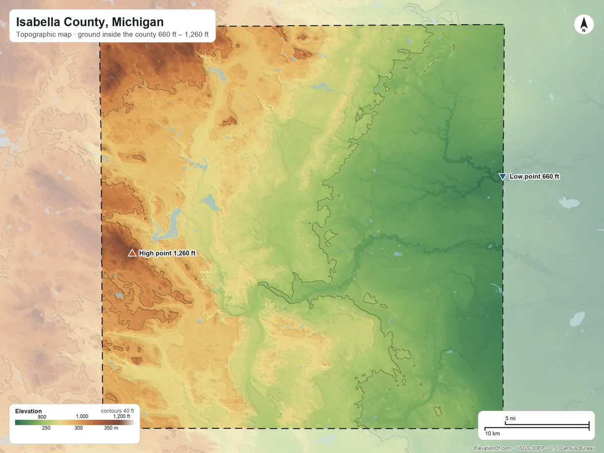 Topographic elevation map of Isabella County, Michigan, shaded from 660 ft on the east side to 1,260 ft on the west side