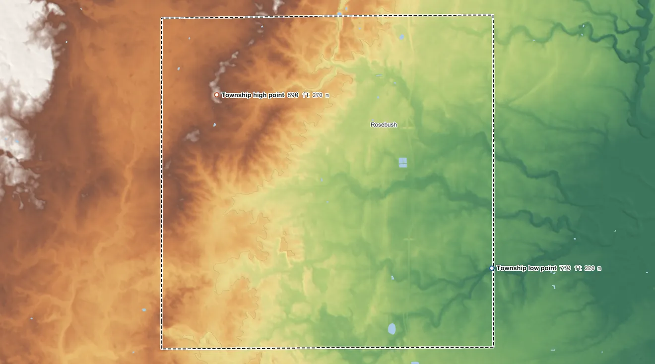 Topographic elevation map of Isabella Township, Michigan, shaded from 730 ft on the southeast side to 890 ft on the northwest side