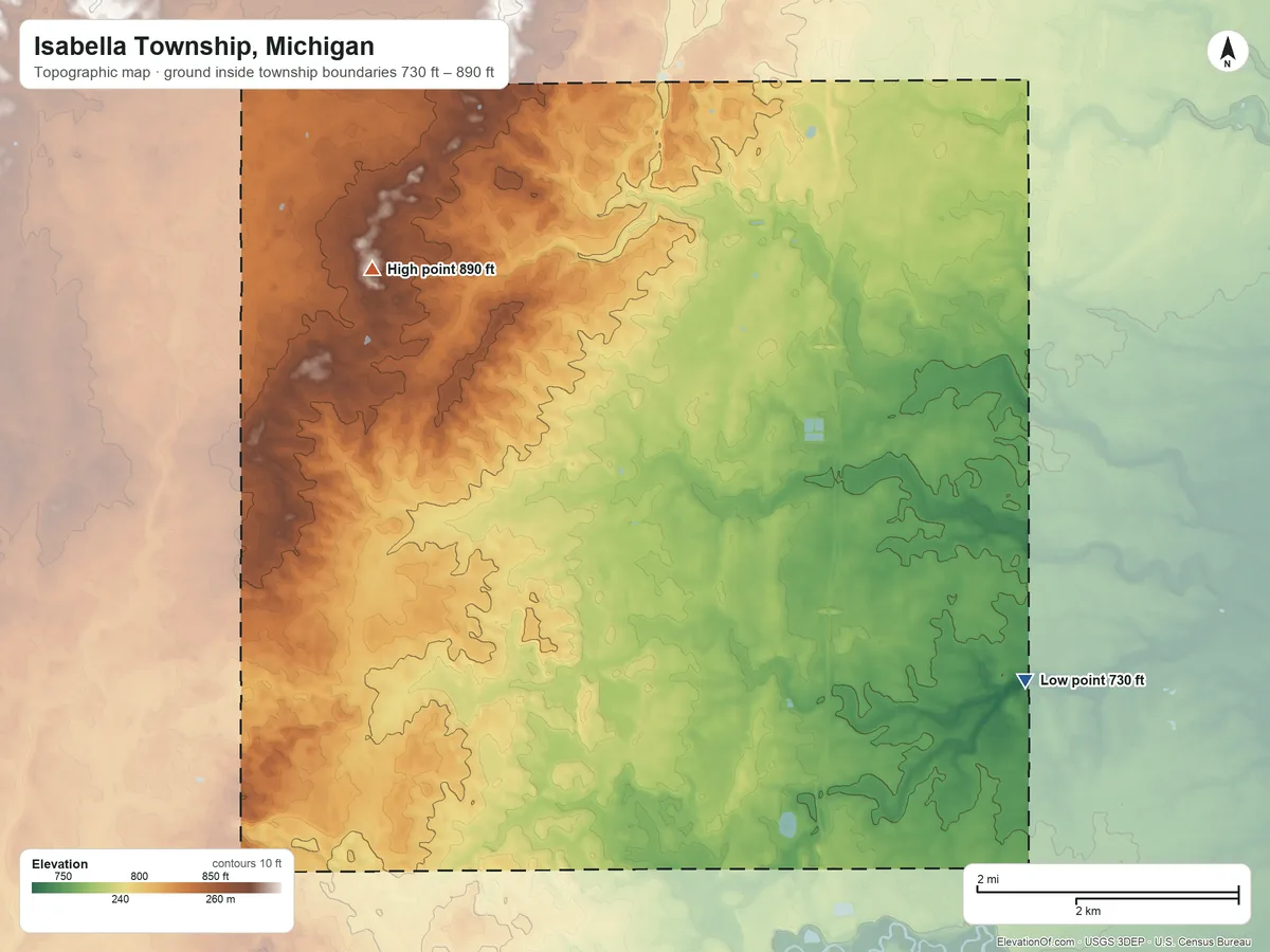 Topographic elevation map of Isabella Township, Michigan, shaded from 730 ft on the southeast side to 890 ft on the northwest side