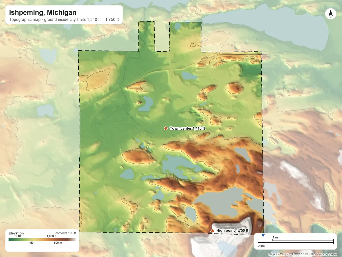 Topographic elevation map of Ishpeming, Michigan, shaded from 1,340 ft on the southeast side to 1,750 ft on the southeast side
