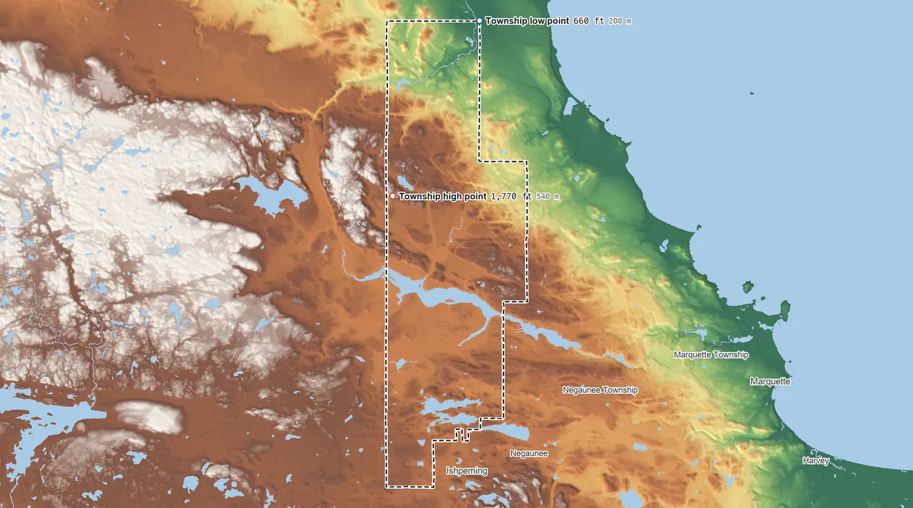 Topographic elevation map of Ishpeming Township, Michigan, shaded from 660 ft on the north side to 1,770 ft on the north side