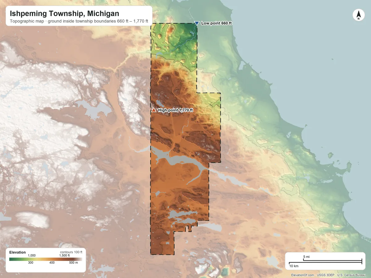 Topographic elevation map of Ishpeming Township, Michigan, shaded from 660 ft on the north side to 1,770 ft on the north side