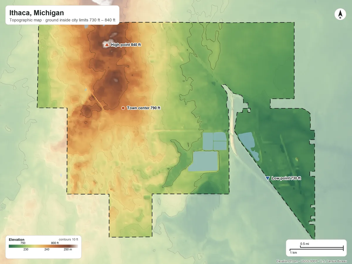 Topographic elevation map of Ithaca, Michigan, shaded from 730 ft on the southeast side to 840 ft on the north side