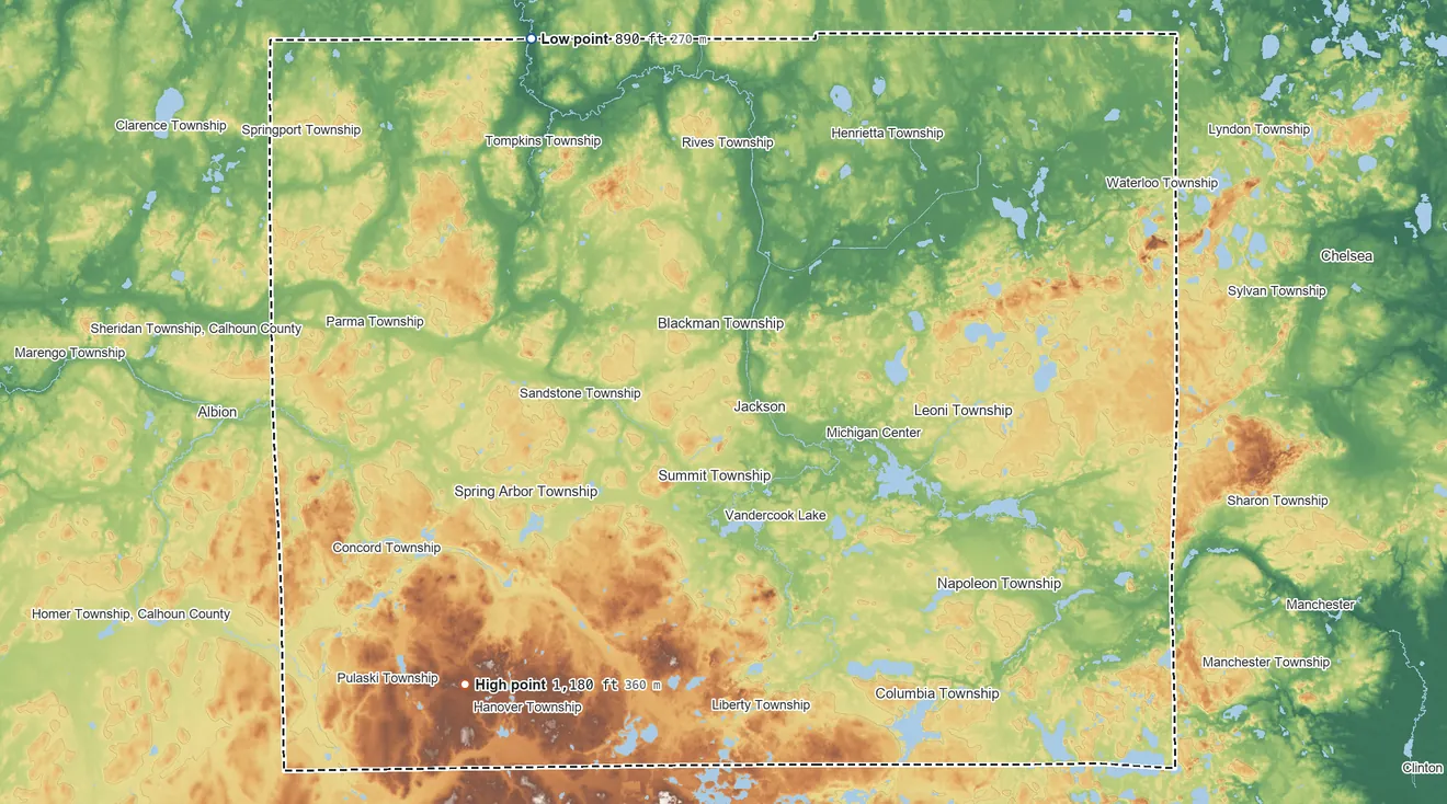 Topographic elevation map of Jackson County, Michigan, shaded from 890 ft on the northwest side to 1,180 ft on the southwest side