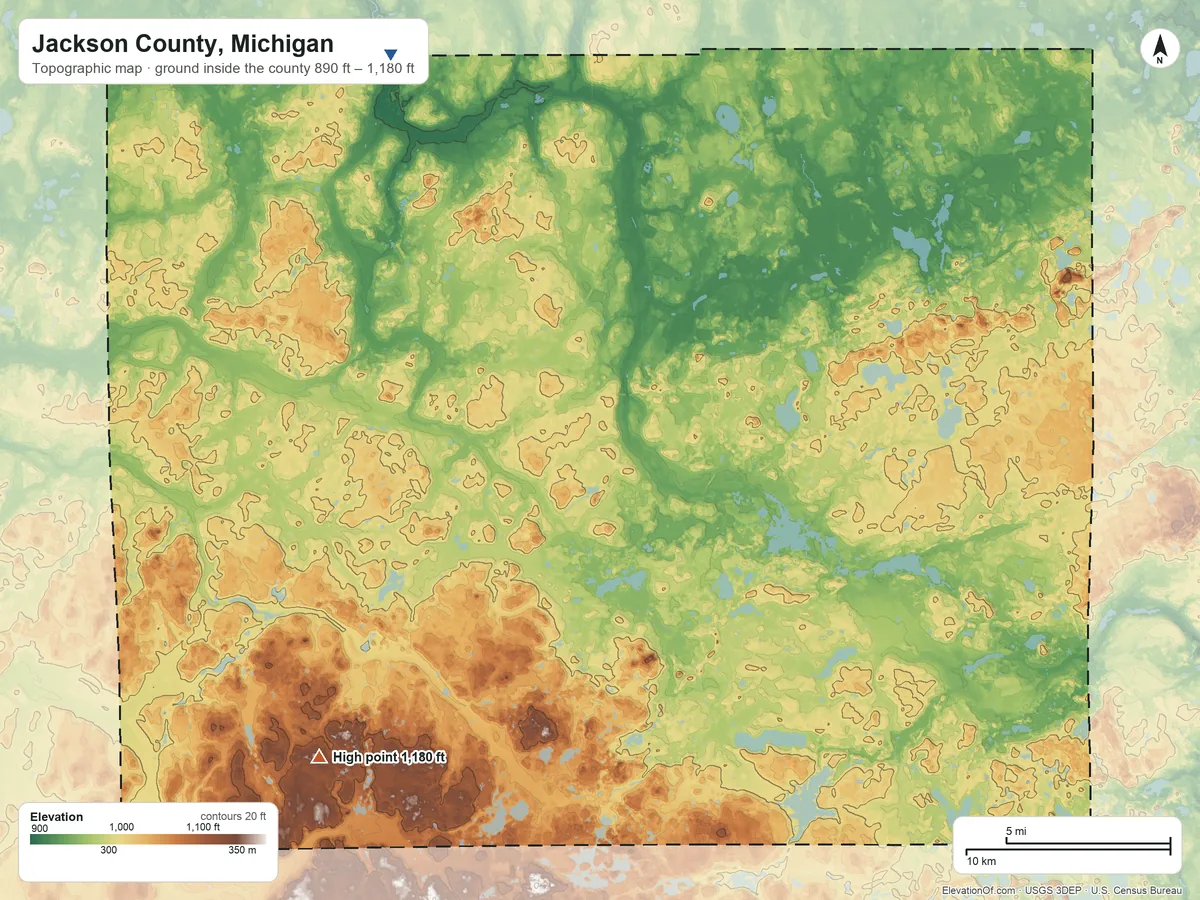 Topographic elevation map of Jackson County, Michigan, shaded from 890 ft on the northwest side to 1,180 ft on the southwest side