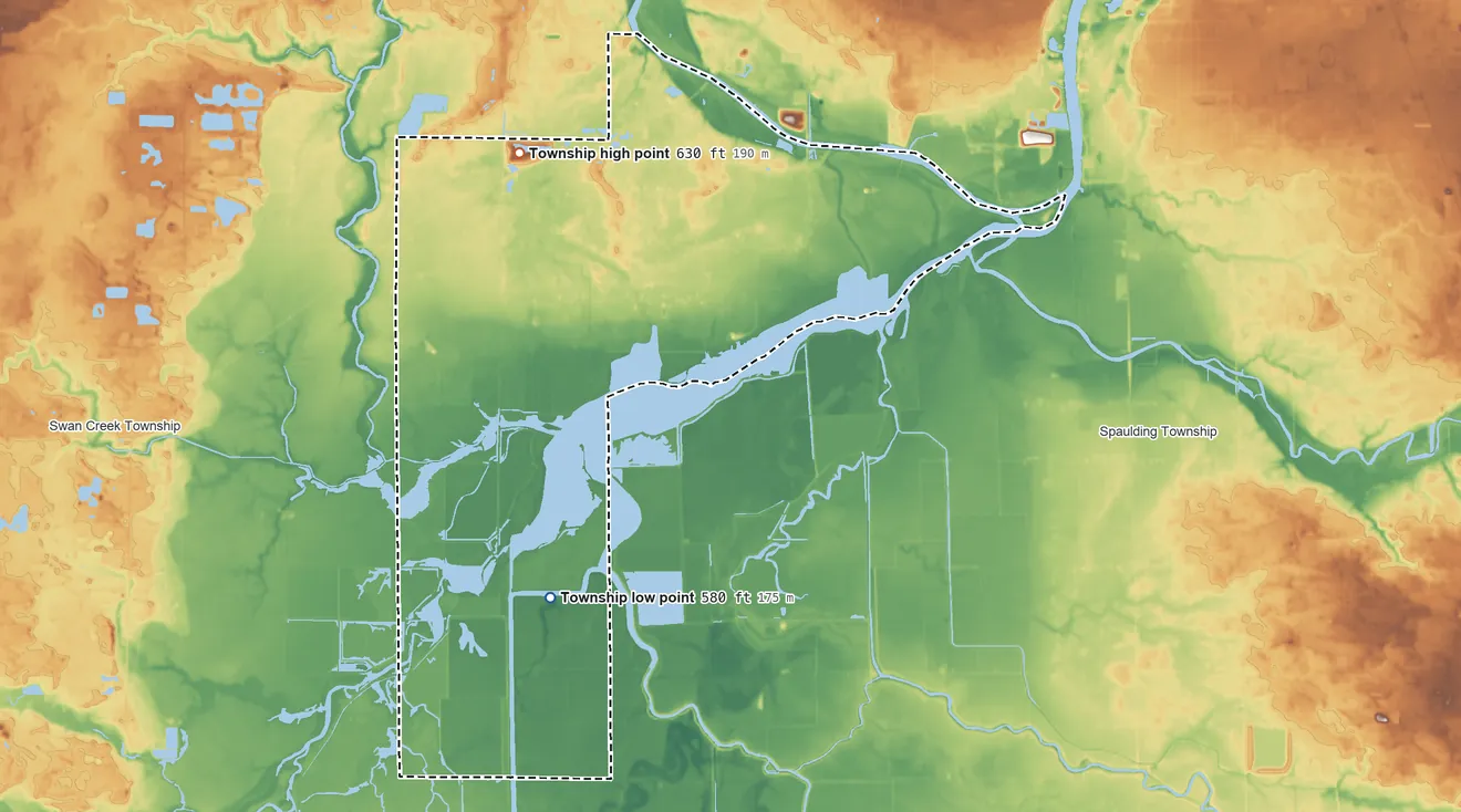 Topographic elevation map of James Township, Michigan, shaded from 580 ft on the south side to 630 ft on the northwest side