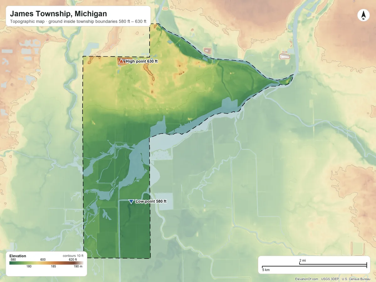 Topographic elevation map of James Township, Michigan, shaded from 580 ft on the south side to 630 ft on the northwest side